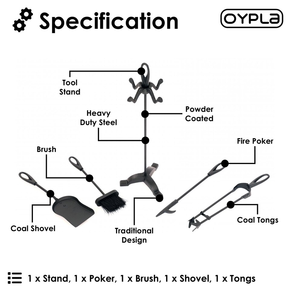 image 1 of Heavy Duty Steel Fireplace 5 Piece Companion Set Poker Shovel