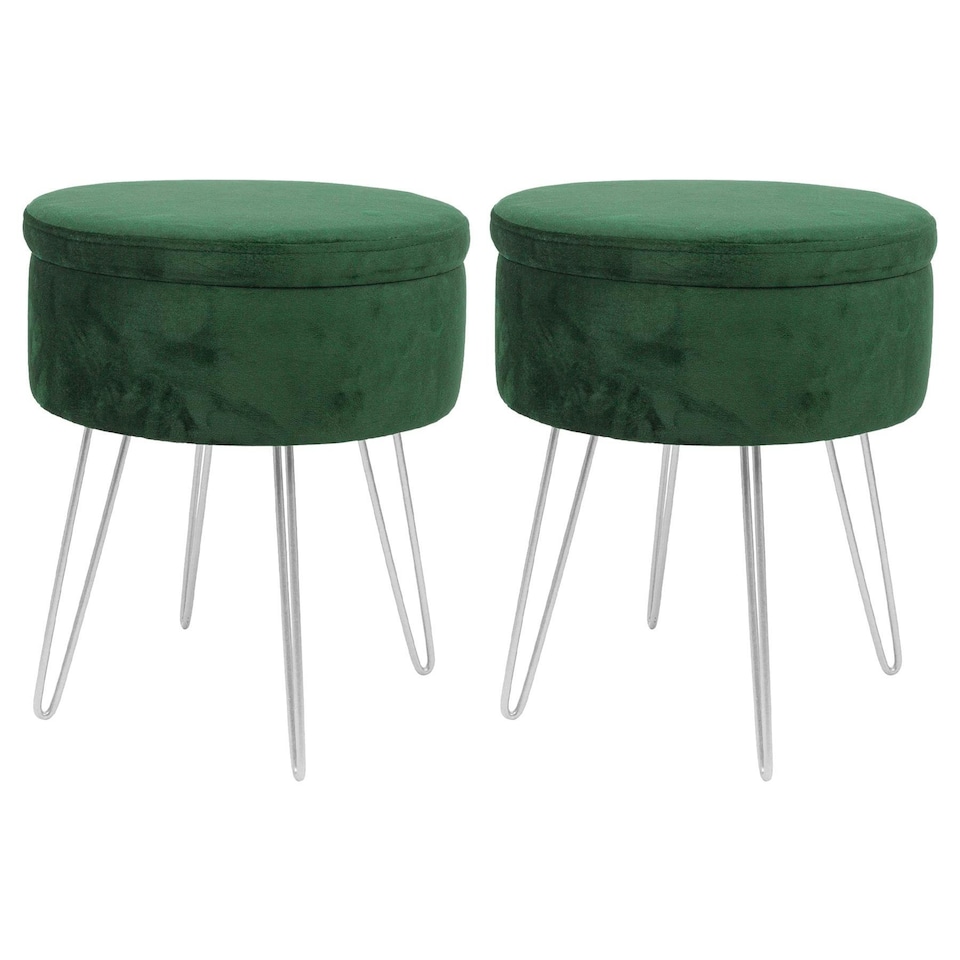 image 1 of Harbour Housewares Set Of 2 Green Velvet Storage Footstools Round Silver Base Ottomans H45 x D36cm Modern Living Room Pieces Green