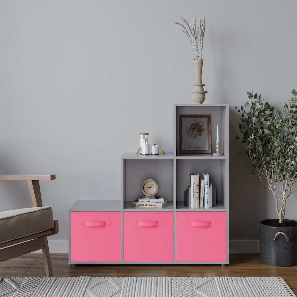 image 1 of 6-Cube Step Shelving Unit With Non Woven Inserts | Grey | Grey & Dark Pink | 1