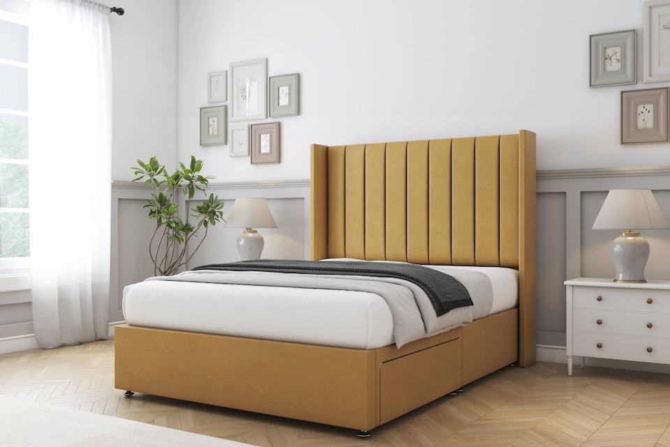 image 1 of Sloomy Falcon Mustard Plush Divan Bed Base 2 Drawers Foot-End With 54 Inch Wingback Headboard | Gold | Mustard | Double | 1