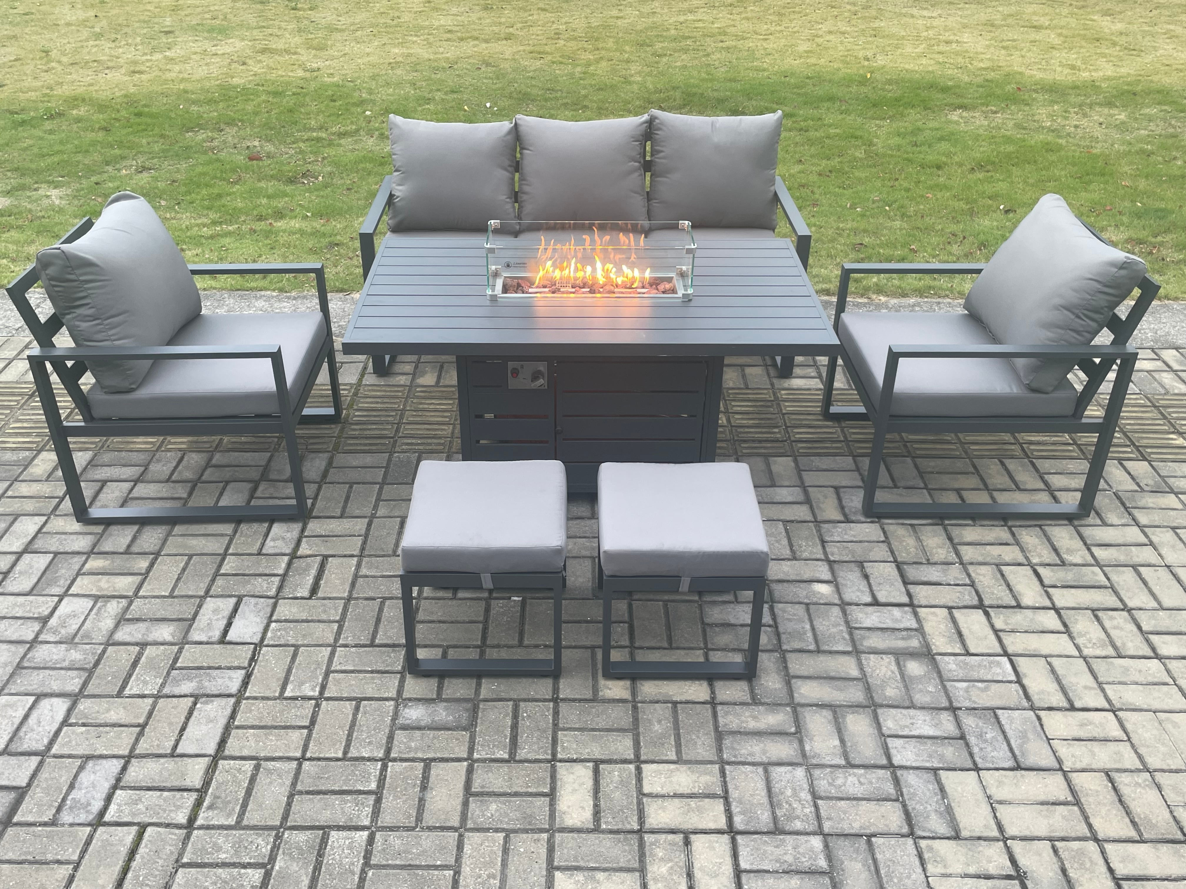 Fimous Aluminium Outdoor Garden Furniture Set Gas Fire Pit Dining Table Set Gas Heater Burner with 2 Arm Chair 2 Small Footstools Dark Grey 7 Seater