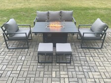 Fimous Aluminium Outdoor Garden Furniture Set Gas Fire Pit Dining Table Set Gas Heater Burner with 2 Arm Chair 2 Small Footstools Dark Grey 7 Seater