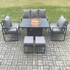Fimous Aluminium Outdoor Garden Furniture Set Gas Fire Pit Dining Table Set Gas Heater Burner with 2 Arm Chair 2 Small Footstools Dark Grey 7 Seater