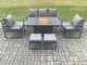 image 1 of Fimous Aluminium Outdoor Garden Furniture Set Gas Fire Pit Dining Table Set Gas Heater Burner with 2 Arm Chair 2 Small Footstools Dark Grey 7 Seater