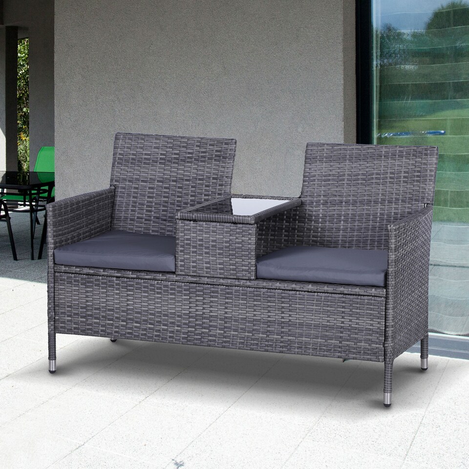 image 1 of Outsunny 2 Seater Rattan Sofa with Cushions, Wicker Garden Loveseat with Armrests, Outdoor Garden Sofa Couch with Metal Frame for Patio, Mixed Grey | Grey | Grey | One Size
