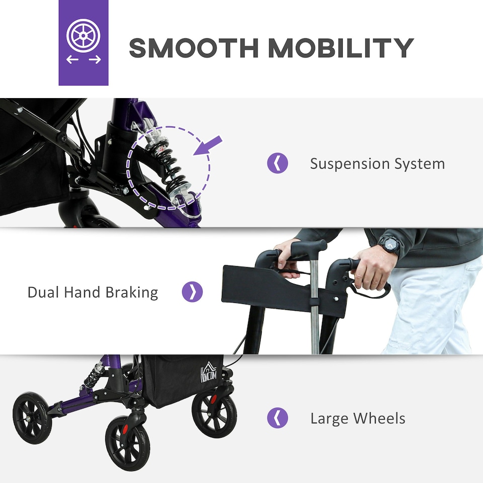 image 1 of HOMCOM Folding Rollator Walker with Seat, Backrest, Bag, 4 Wheels, Purple