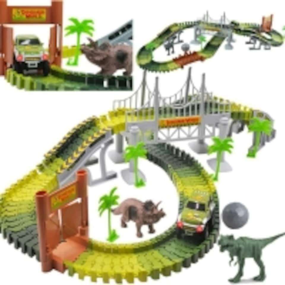 image 1 of Dino World Flexible Slot Car Race Track Set – 144-Piece Dinosaur Track Playset with Battery-Operated Car, Light-Up Features, Bridges & Accessories