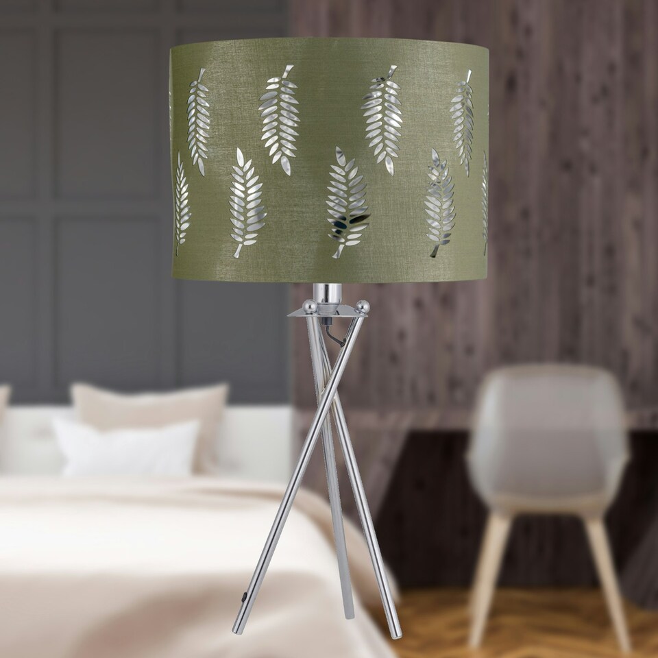 image 1 of Set of 2 Tripod Table Lamps with Sage Green Fern Cut Out Shades Chrome | Green