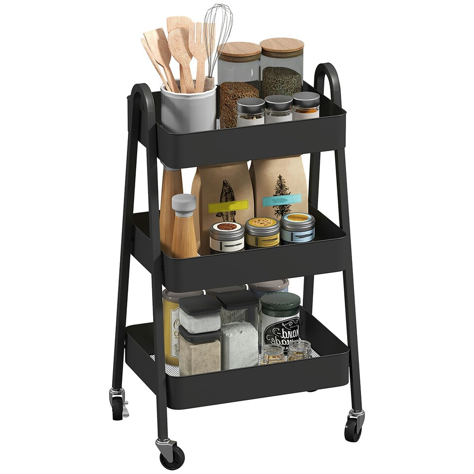 image 1 of HOMCOM 3-Tier Rolling Utility Cart Kitchen Storage Trolley on Wheels Black