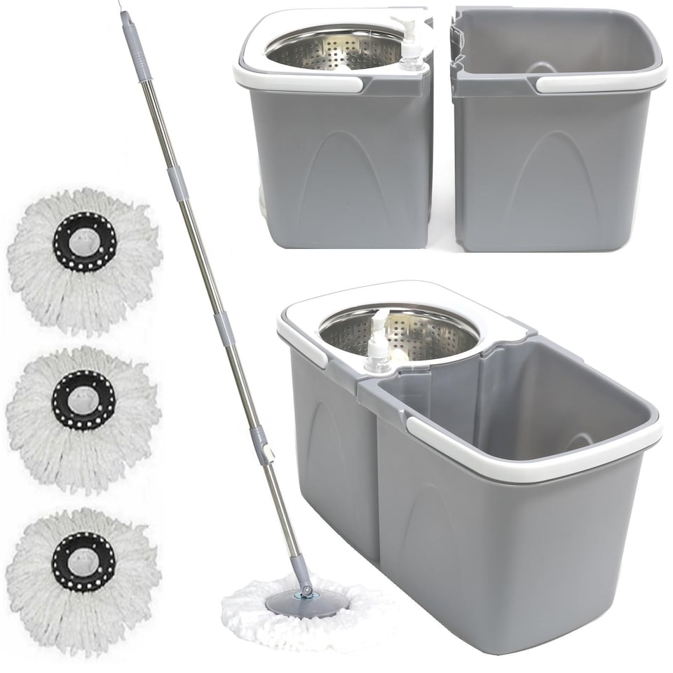 image 1 of Gr8 Home Grey Space Saving 360 Degree Rotating Dual Spin Dry Mop And Bucket 3 Microfibre Heads