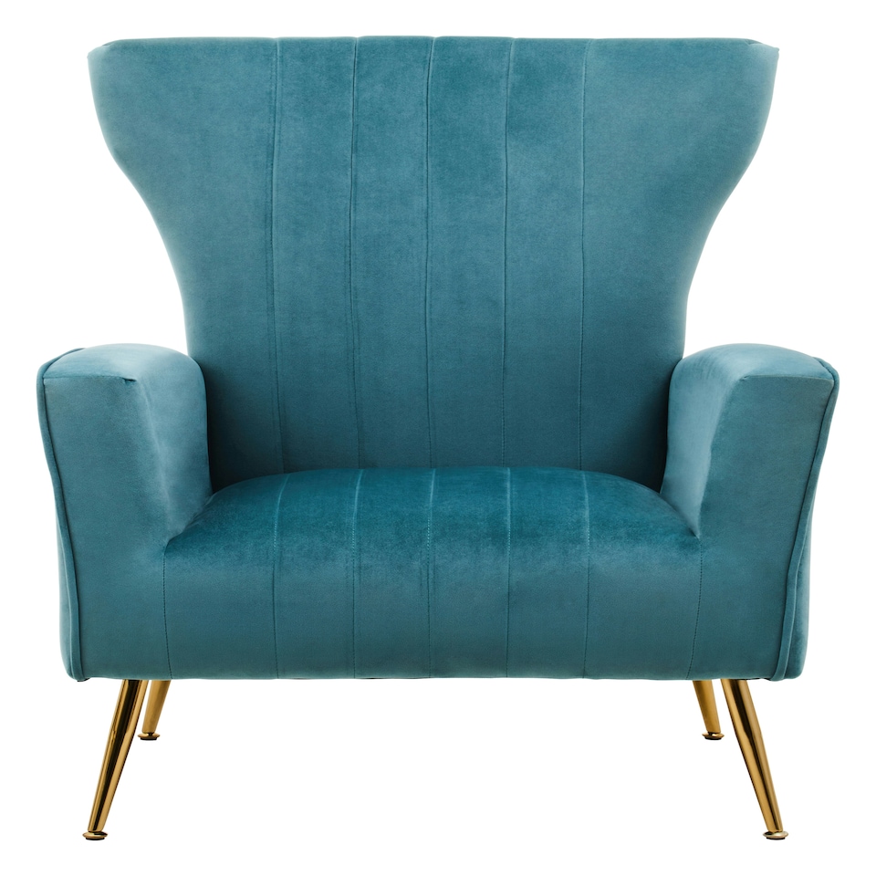 image 1 of Interiors by Premier Green Velvet Chair with Gold Finish Legs, Vertical Channel Tufted Comfort Seat, Winged-Back Velvet Armchair Green