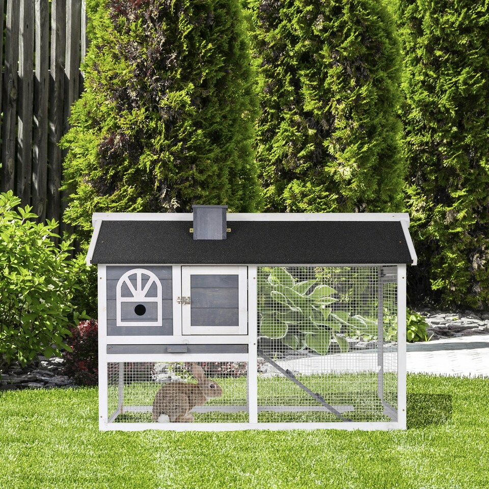 image 1 of PawHut Rabbit Hutch, Guinea Pig Hutch 2 Tiers Outdoor w/Tray & Ramp, Grey