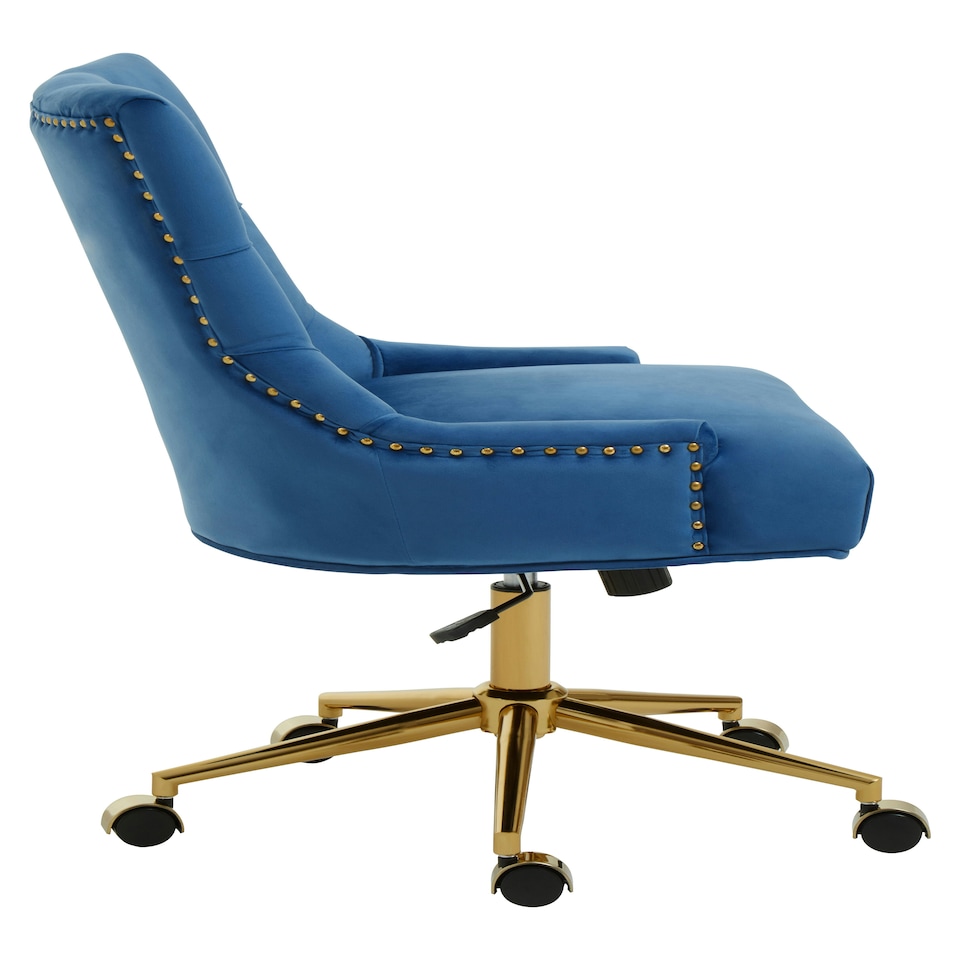 image 1 of Interiors by Premier Luxury Blue Velvet Home Office Chair, Comfortable Blue Office Desk Chair with Gold Base, Modern Chair