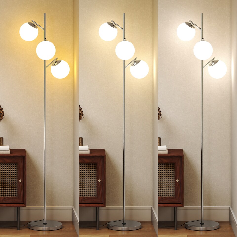 image 1 of HOMCOM 3-Light Tree Floor Lamps for Living Room, Modern Standing Lamp for Bedroom with Globe Lampshade, 3000K/4000K/6000K Colour Temperatures, Steel Base, Silver Tone | Silver