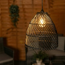 ValueLights Battery Operated Outdoor Black Rattan Hanging Pendant Garden Pergola Light