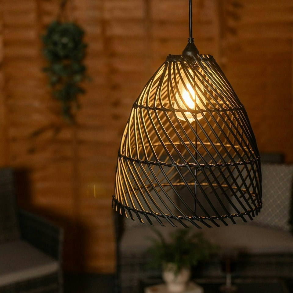 image 1 of ValueLights Battery Operated Outdoor Black Rattan Hanging Pendant Garden Pergola Light