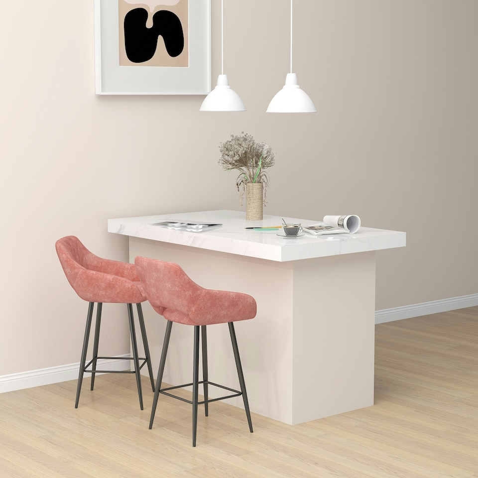image 1 of HOMCOM Bar Stools Set of 2, Velvet-Touch Fabric Counter Height Bar Chairs Pink