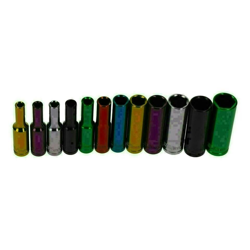 image 1 of 24pc Coloured 1/4" Dr Shallow & Deep Sockets 6 Point Hex Metric 4 - 13mm Rails