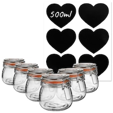 Argon Tableware Glass Storage Jars with Heart Labels - 500ml - Clear - Pack of 6