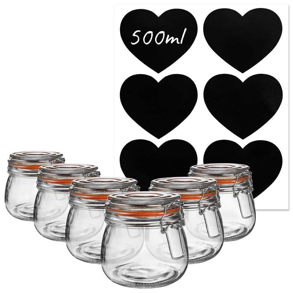 image 1 of Argon Tableware Glass Storage Jars with Heart Labels - 500ml - Clear - Pack of 6