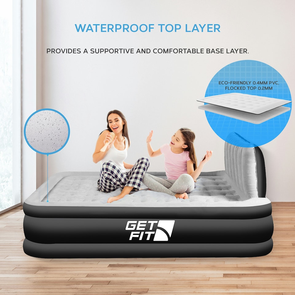 image 1 of Get Fit Air Bed With Built In Electric Pump - Premium Double Airbed - Quick Blow Up Bed With Headboard & 2 Free Inflatable Pillows - Air Mattress- Black/Grey