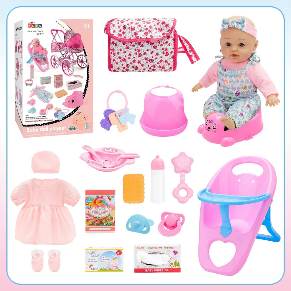 image 1 of 12 inch Baby Doll Feeding Play Set with Stroller High Chair Feeding Set Clothes Storage Bag Pretent Play