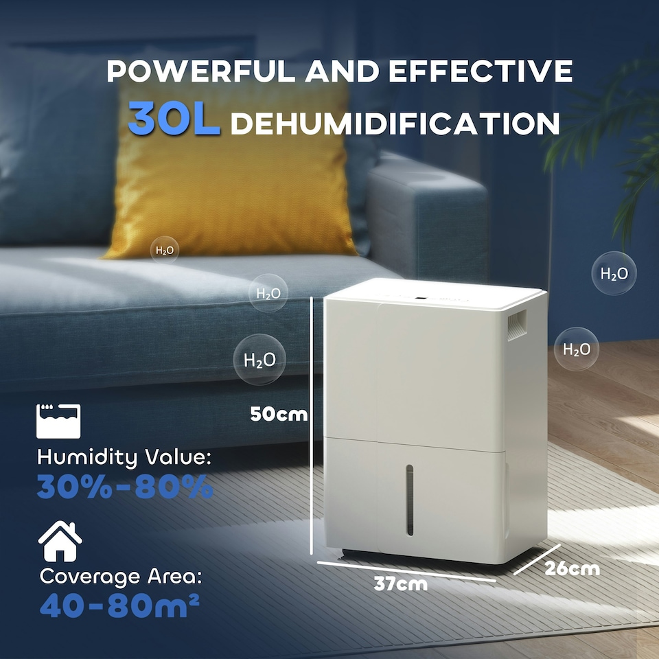 image 1 of HOMCOM 30L Dehumidifier with Filter, Auto Defrost, for Home Laundry Drying