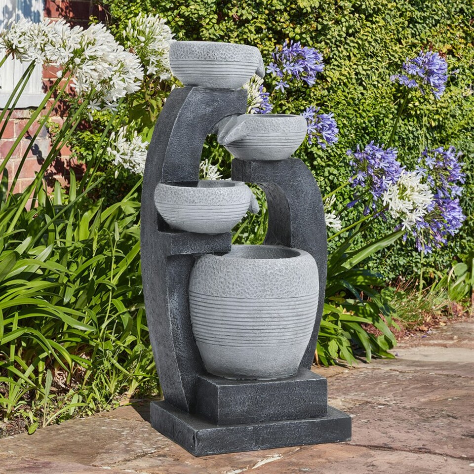 image 1 of Living and Home Outdoor Solar-Powered Rockery Water Fountain with LED Lights Grey