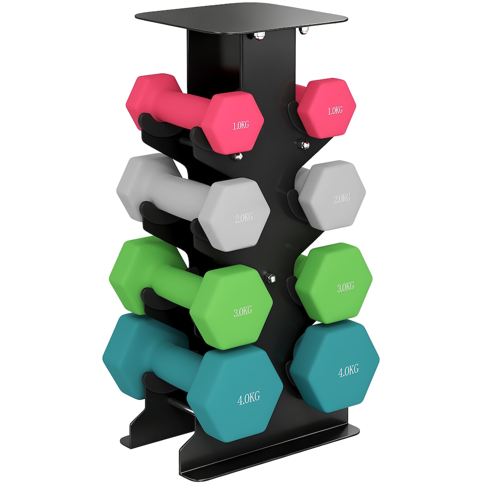 image 1 of SPORTNOW Hex Dumbbells Set with Dumbbell Rack, 1kg, 2kg, 3kg, 4kg Set | Black