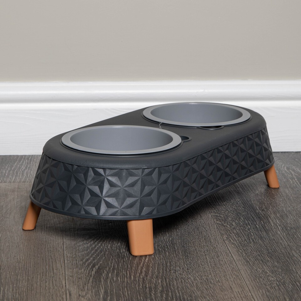 image 1 of 16cm x 9cm Grey Plastic Raised Double Pet Bowl Feeding Station with Stand