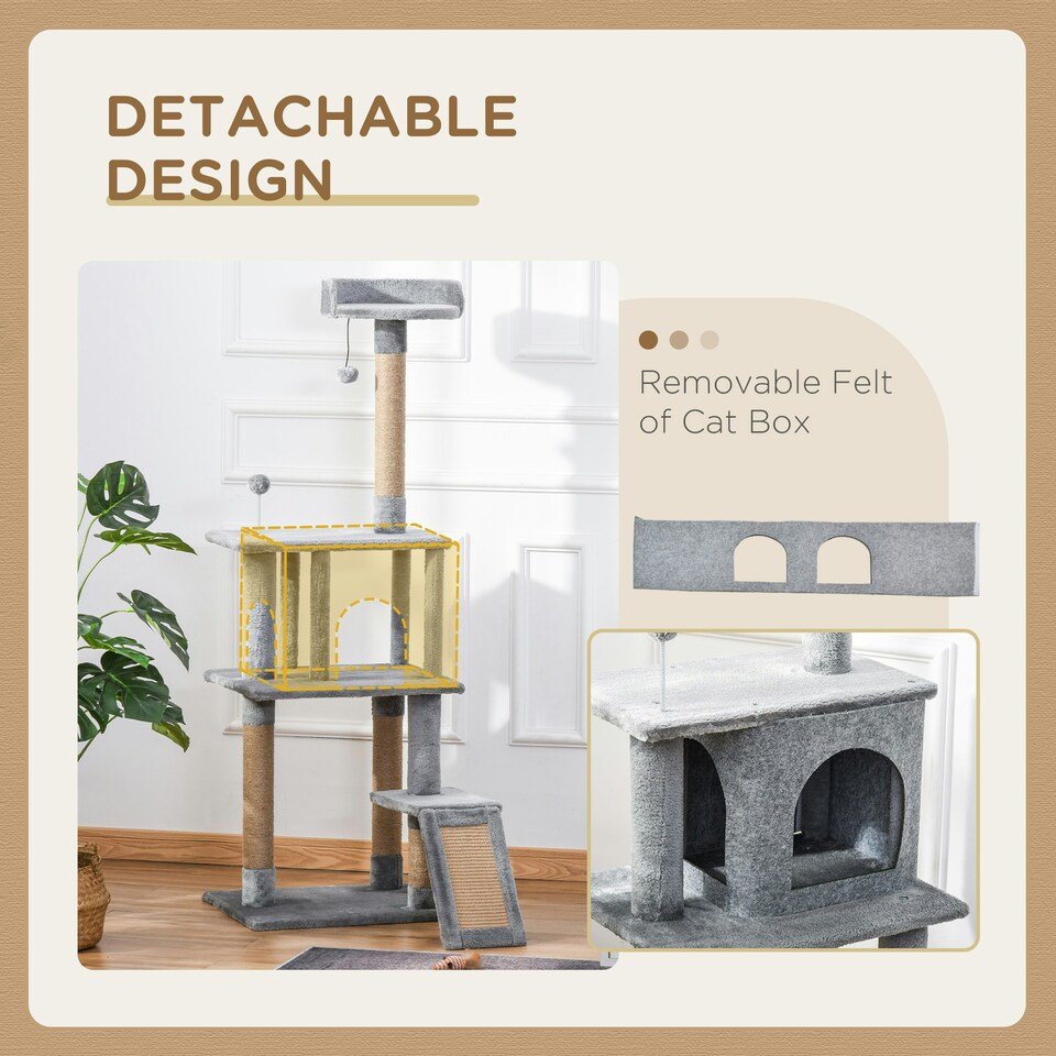 image 1 of PawHut Cat Tree 142cm Activity Center with Jute Scratching Post Condo, Grey