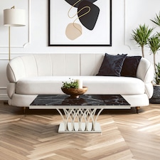 Interiors by Premier Intricate Black Marble And Silver Coffee Table, Decorative Accent Table, Silver Finish Lounge Table Black