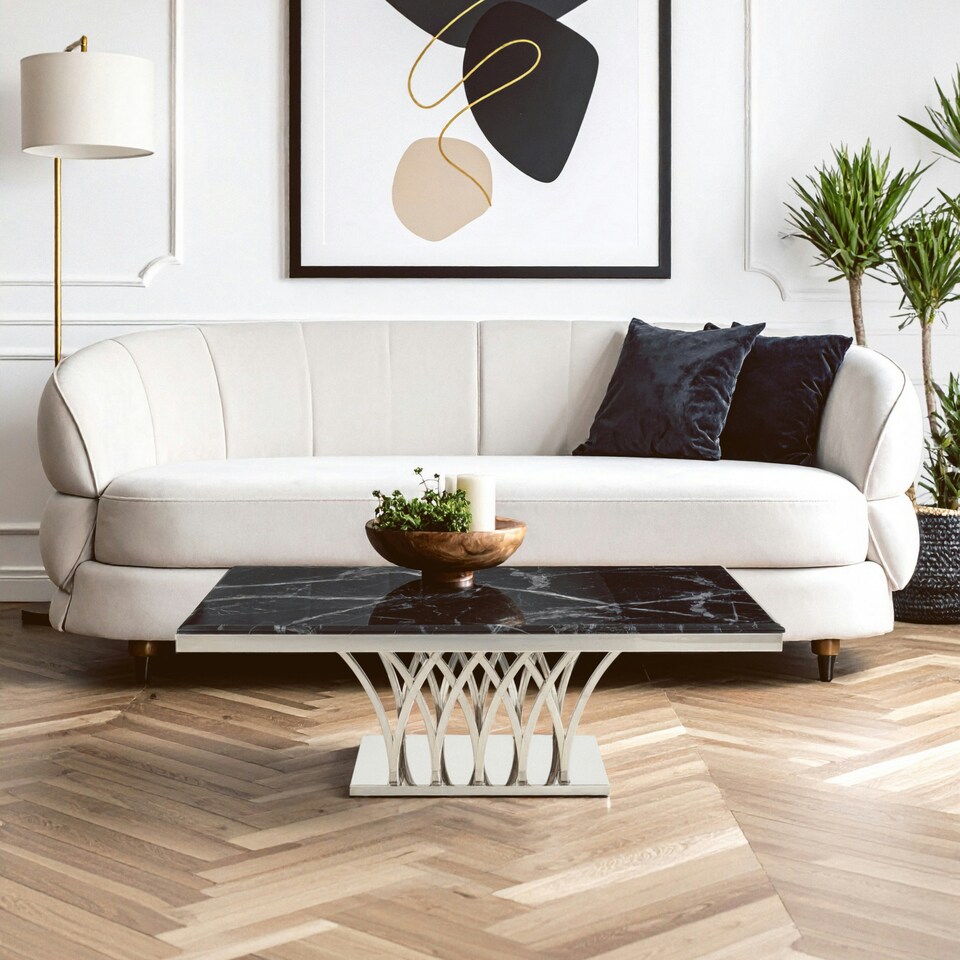 image 1 of Interiors by Premier Intricate Black Marble And Silver Coffee Table, Decorative Accent Table, Silver Finish Lounge Table Black
