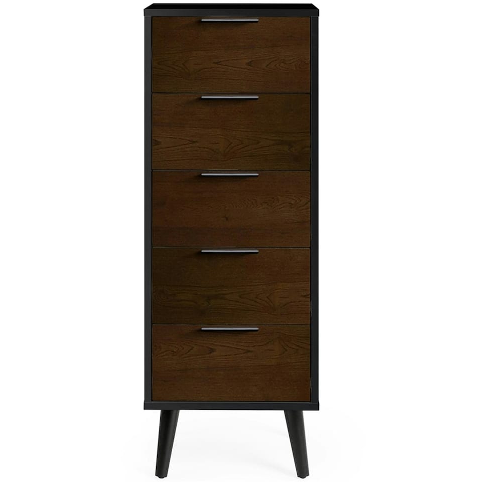 image 1 of Walnut Oak and Matt Black Narrow Chest of Drawers (5 Drawers)