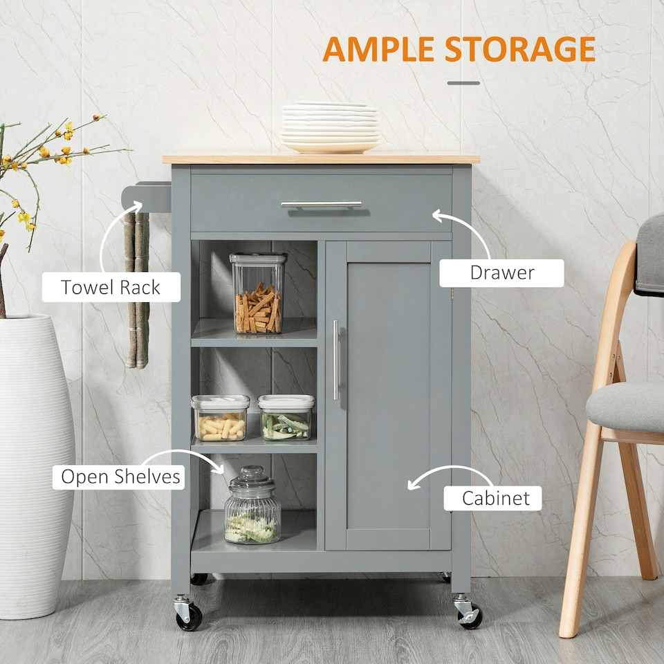 image 1 of HOMCOM Compact Kitchen Trolley Utility Cart on Wheels with Open Shelf Grey