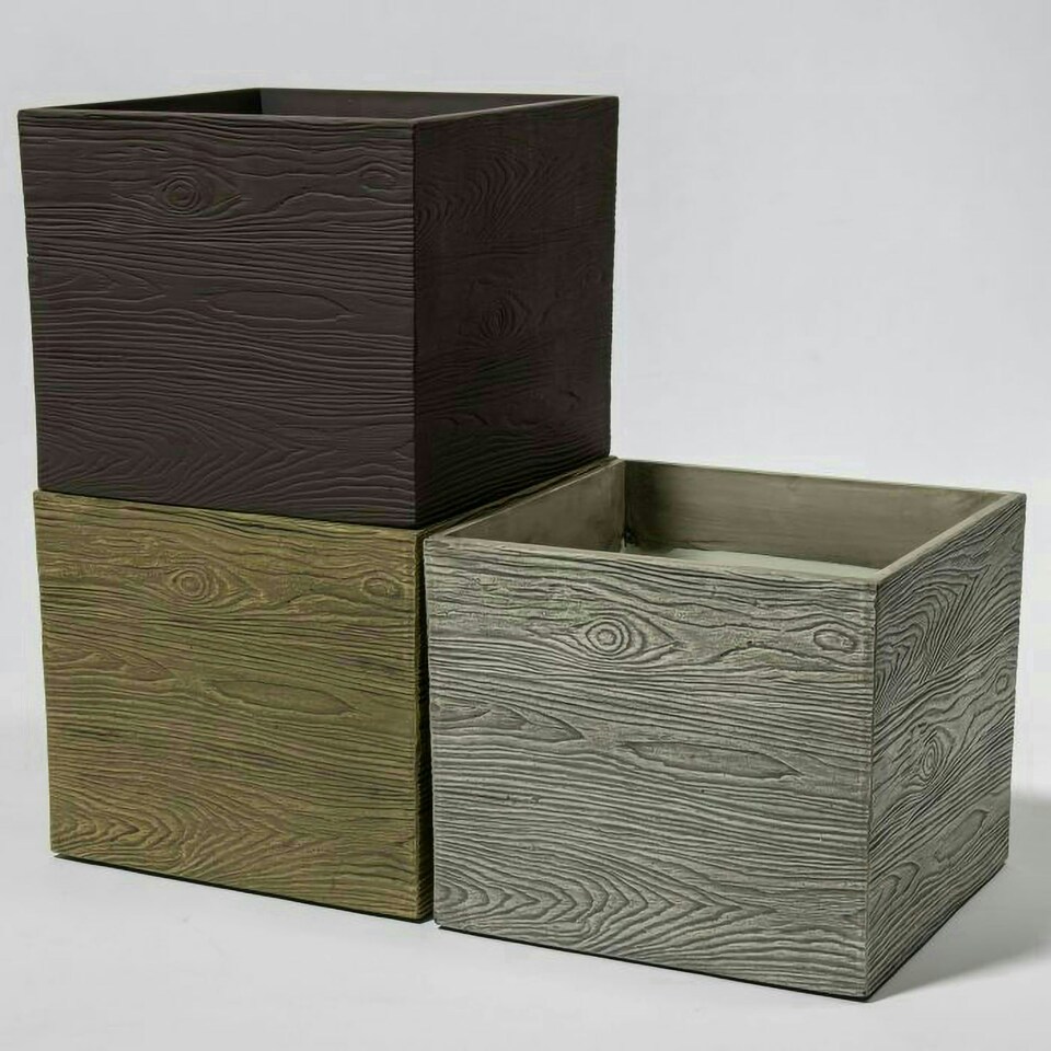 image 1 of Primrose Cube Square Flower Pot Rustic Outdoor Wood-Effect Resin Planter 36cm