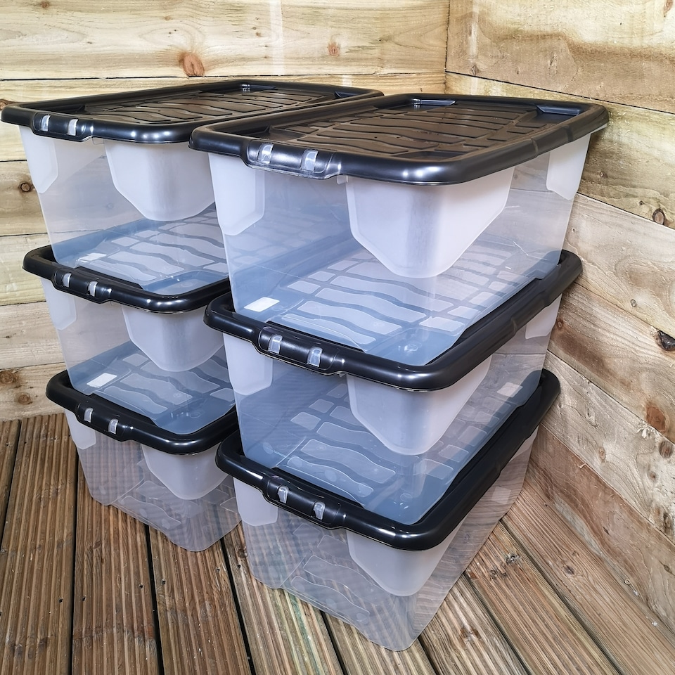 image 1 of 6 x 42L Clear Storage Box with Black Lid, Stackable and Nestable Design Storage Solution