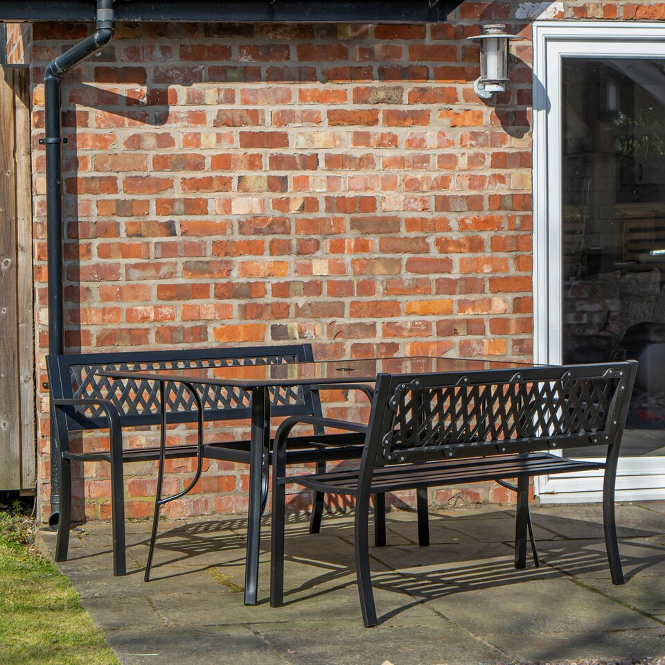 image 1 of Outdoor 4 Person Rectangular Glass Top Garden Dining Table and 2 Benches Set