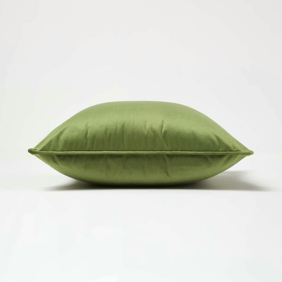 image 1 of Homescapes Olive Green Filled Velvet Cushion with Piped Edge - 46 x 46 cm | Green | Olive Green | 1