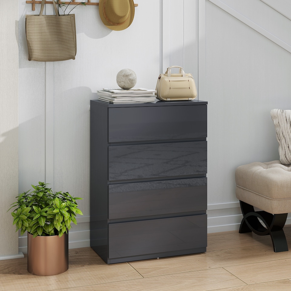 image 1 of HOMCOM Chest of Drawers, Modern 4 Drawer Dresser with Soft Closing Mechanism for Bedroom, High Gloss Grey