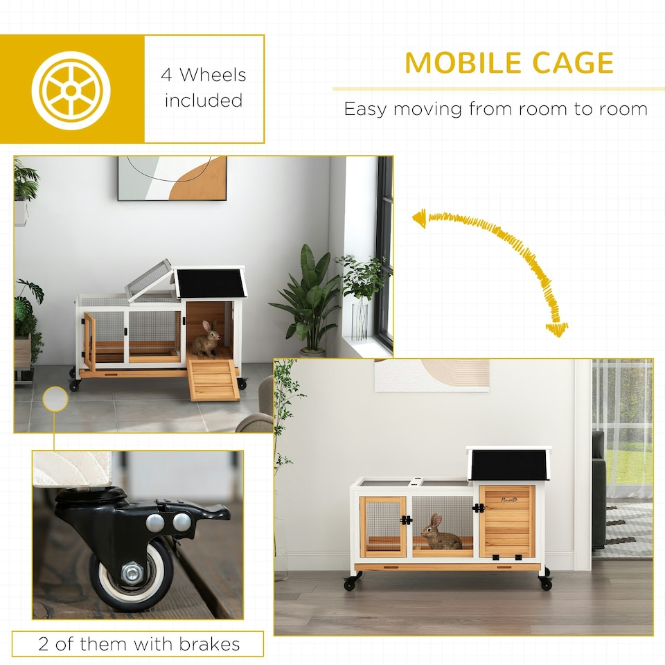 image 1 of PawHut Rabbit Hutch, Guinea Pig Cage with Wheels, Outdoor/Indoor, Yellow