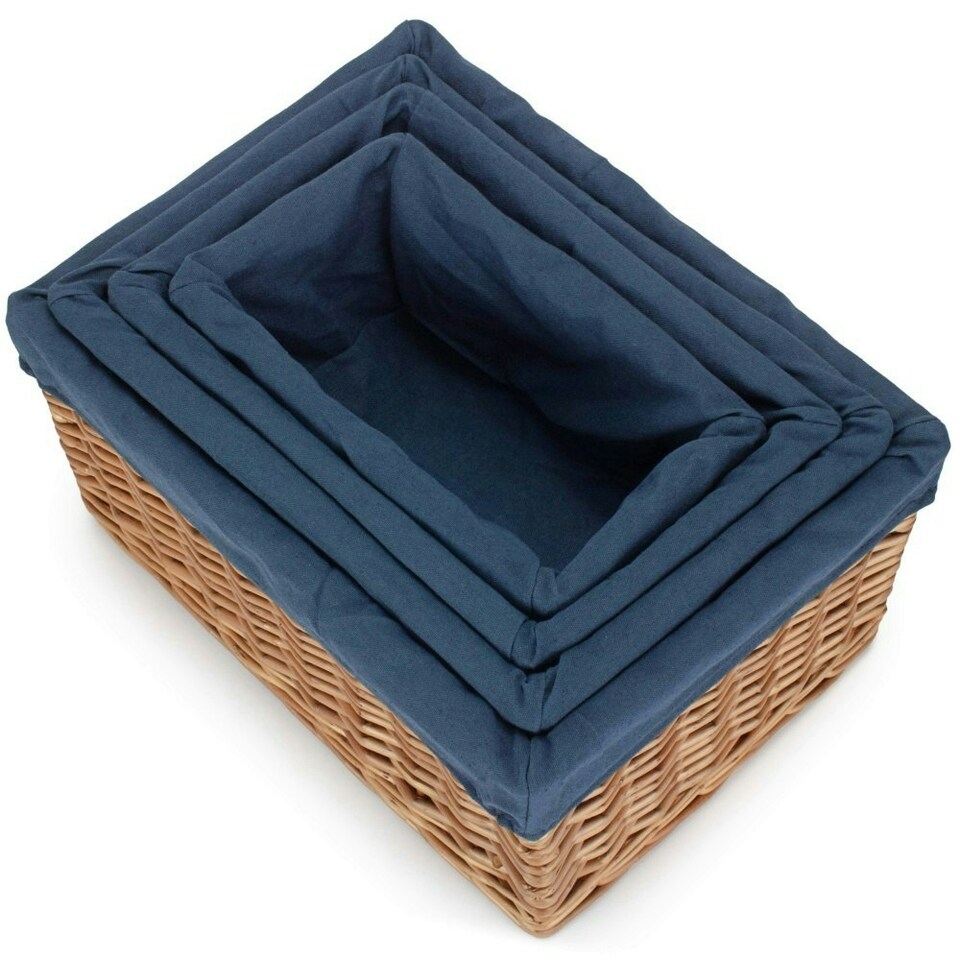 image 1 of Double Steamed Navy Cotton Lined Willow Storage Baskets Blue | S