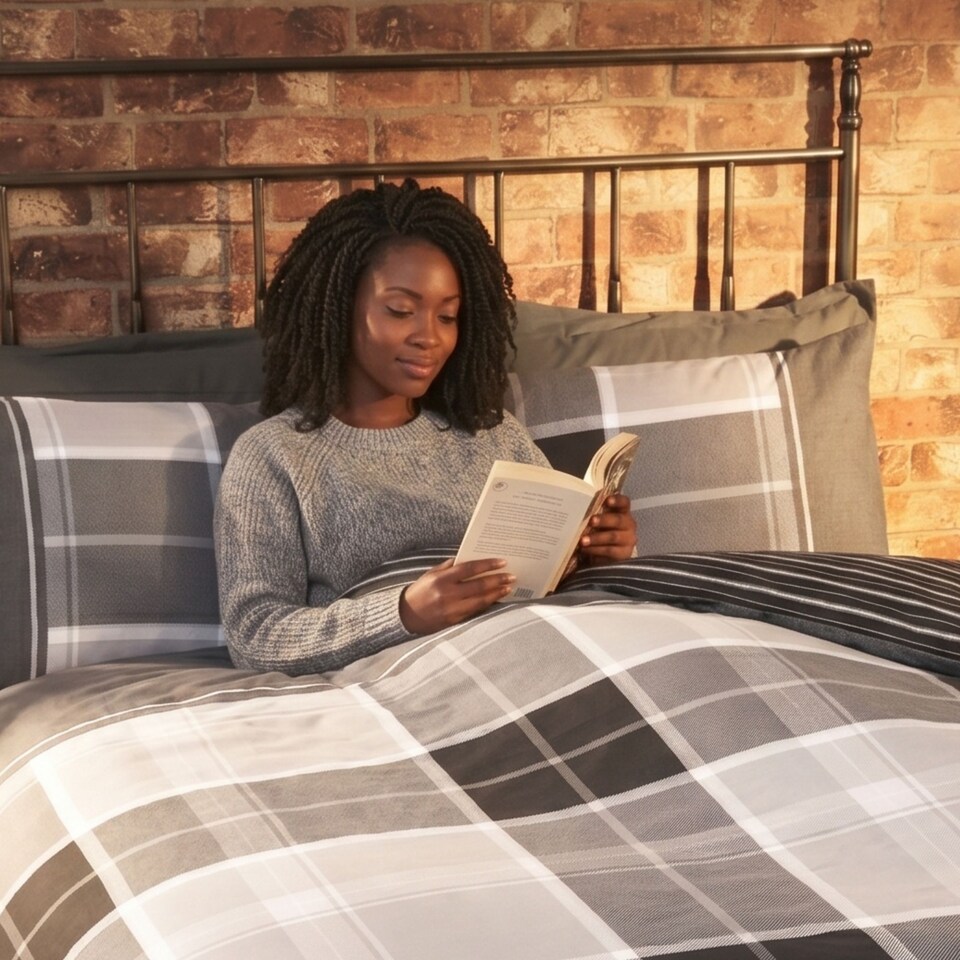 image 1 of Argyle Design Tartan Polycotton Duvet Set With Pillowcase | Grey | 1