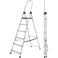 Lightweight Step Ladders - Compact Aluminium Stepladder with Non-Slip Wide Step, Portable Silver Color - Tall Folding Ladder with Platform Silver | 6 - Step 181 cm