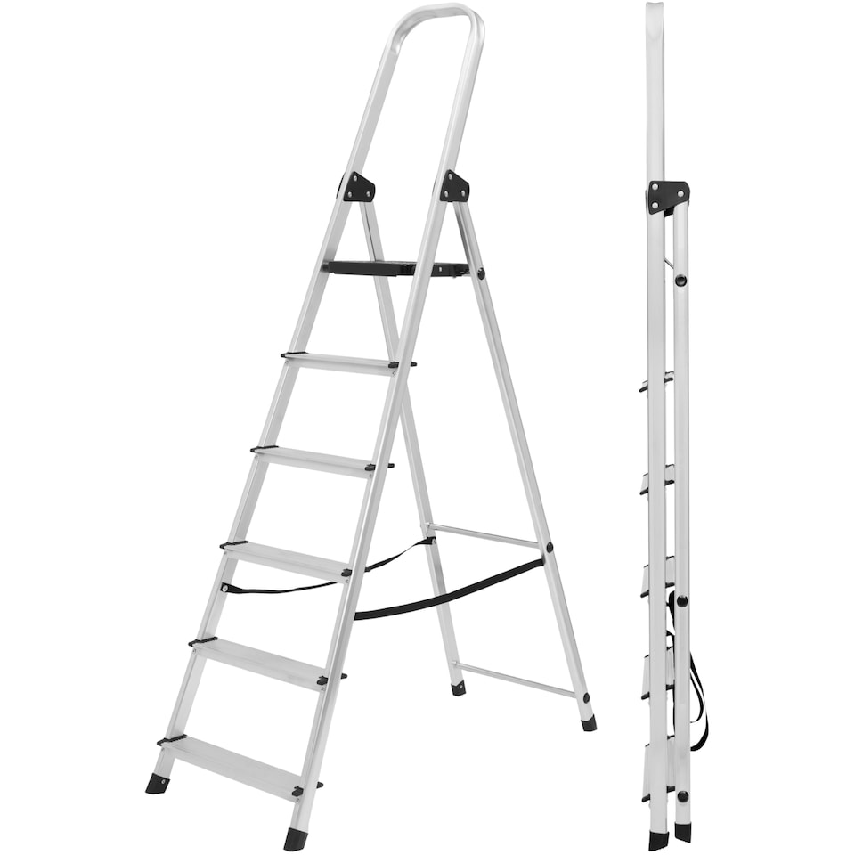 image 1 of Lightweight Step Ladders - Compact Aluminium Stepladder with Non-Slip Wide Step, Portable Silver Color - Tall Folding Ladder with Platform Silver | 6 - Step 181 cm