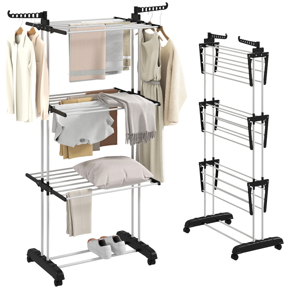 image 1 of HOMCOM Foldable Clothes Drying Rack Steel Garment Dryer with Casters Black