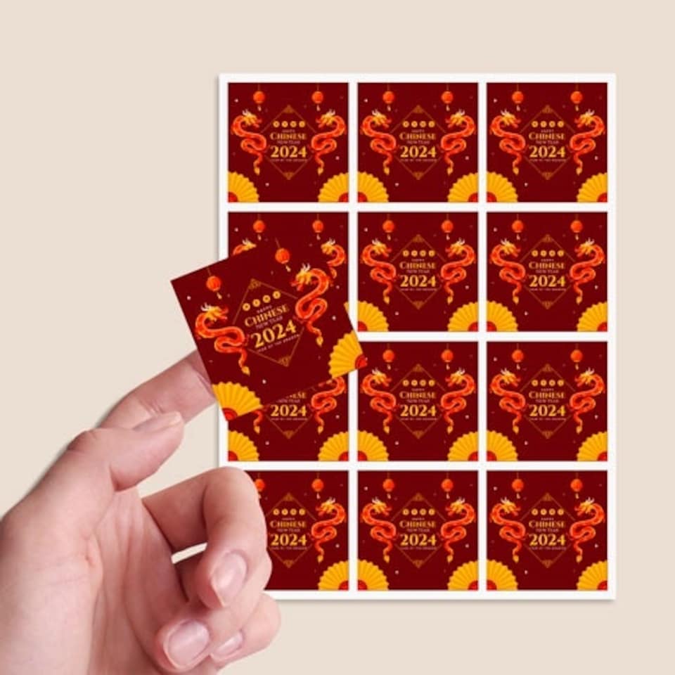 image 1 of Happy Chinese New Year 2024 Dragons Design Square Stickers 65mm - Sheet of 12