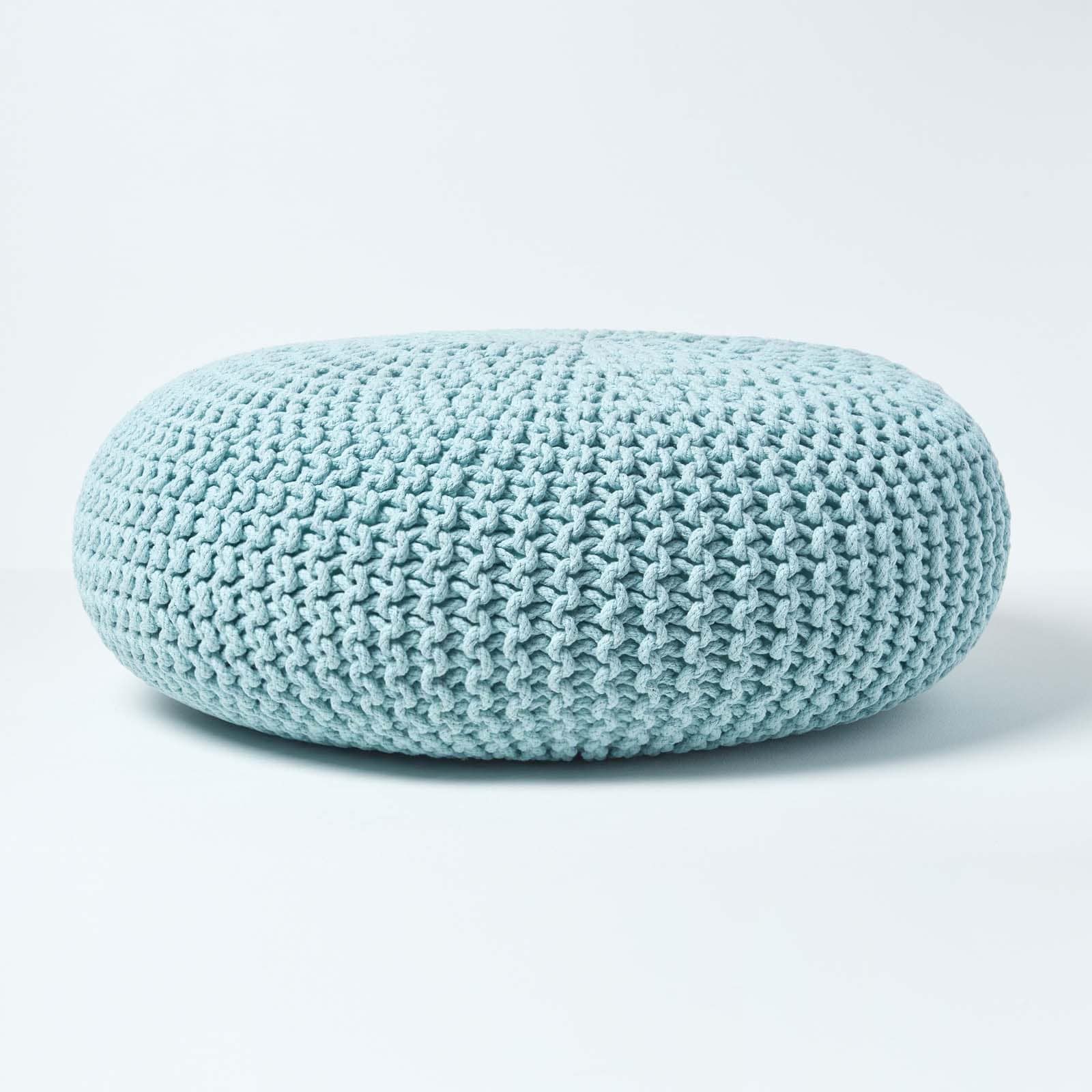 Homescapes Pastel Blue Large Round Cotton Knitted Pouffe Footstool