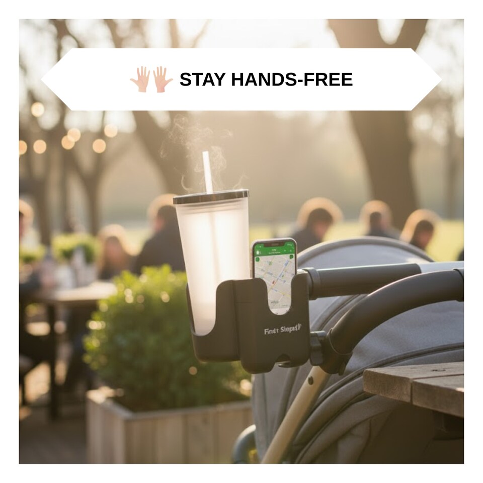 image 1 of Pram Phone & Cup Holder Bottles Hands Free Stroller Accessory Adjustable Clamp