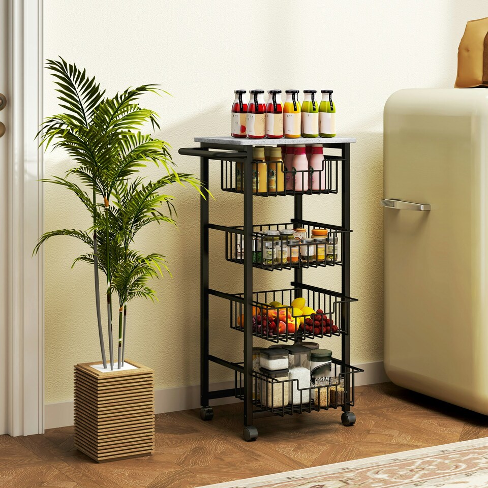 image 1 of HOMCOM 4-Tier Kitchen Island on Wheels with 4 Pull-Out Baskets, Light Grey
